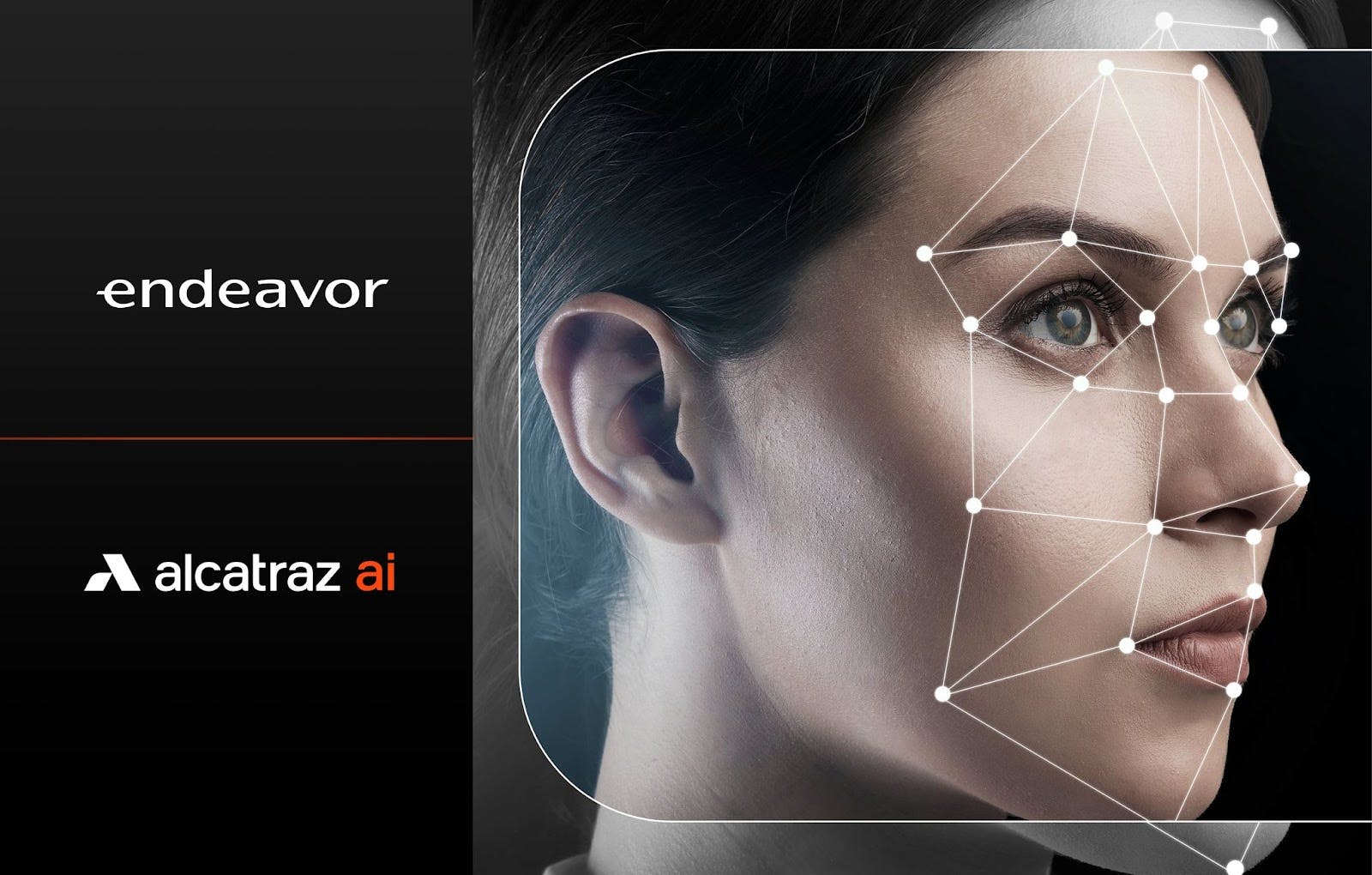 Endeavor | Alcatraz AI. Woman with digital representation of a biometric facial template on the front of her face